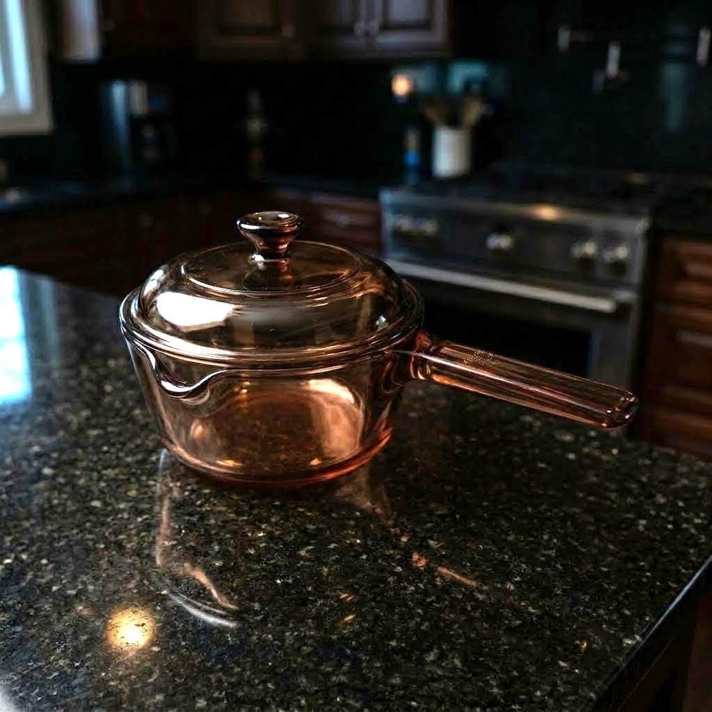 Vintage Visions Corning Amber Glass Saucepan Pot With Lid 1L Cookware USA